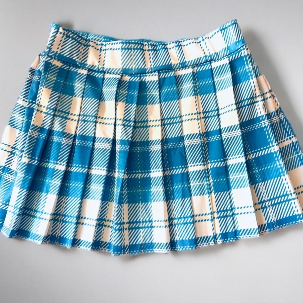 New Girls Blue White With Yellow Highlights Pleated Plaid Skirt Size S